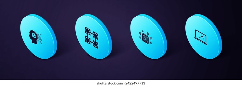 Set Isometric Mining with laptop and pickaxe, ASIC Miner, Blockchain technology and Bitcoin think icon. Vector
