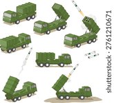 A set of isometric missile trucks is shown from transport to launch, with raised launchers and missiles mid‑flight, illustrating the mobile system’s full firing process.