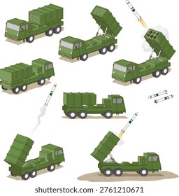 A set of isometric missile trucks is shown from transport to launch, with raised launchers and missiles mid‑flight, illustrating the mobile system’s full firing process.