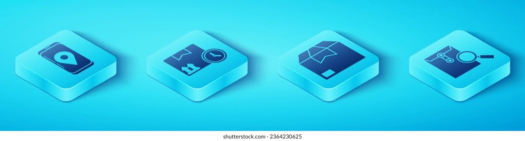 Set Isometric Mobile with app delivery tracking, Cardboard box and fast time, Envelope with magnifying glass and Carton cardboard box icon. Vector