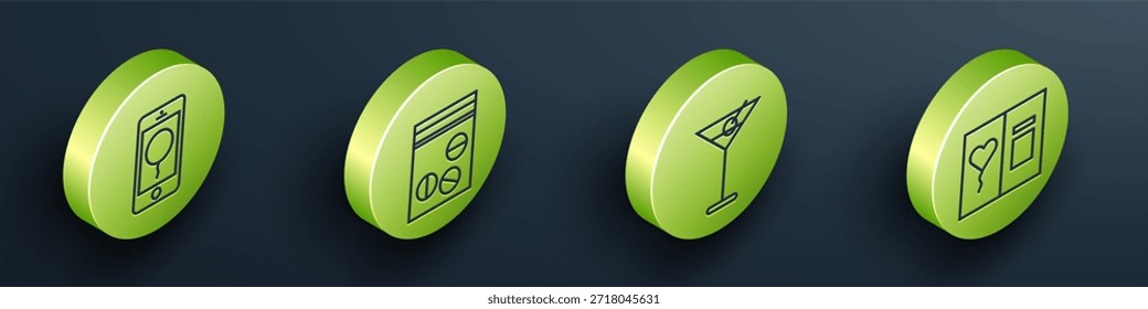 Set Isometric Mobile mit Geburtstagsnachricht, Plastiktüte mit Droge, Martini-Glas und Grußkartensymbol. Vektorgrafik