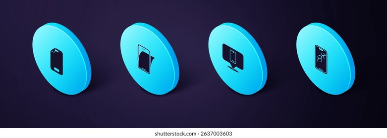 Set Isometric Mobile with broken screen, Phone repair service, Glass protector and  icon. Vector