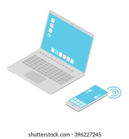 A set of isometric mobile computer devices. Laptop and mobile phone with a blue screen on which there are icons. The right of smartphone is depicted wireless connection.