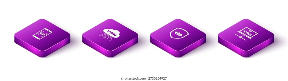 Set Isometric Mobile and eye scan, Cloud VPN interface, Shield and Computer network icon. Vector