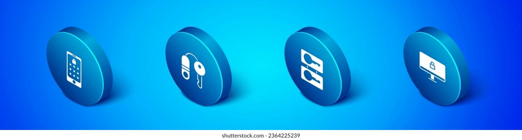 Set Isometric Mobile and graphic password, Casting keys, Lock on computer monitor and House with icon. Vector