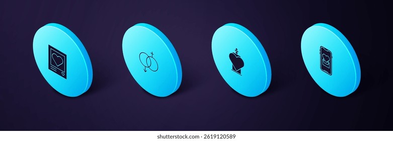 Conjunto móvil isométrico con corazón, botella de poción de amor, género y marcos de fotos y corazones icono. Vector