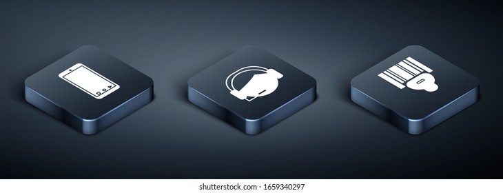Set Isometric Mobile phone with app delivery tracking, Scanner scanning bar code  and Support operator in touch icon. Vector