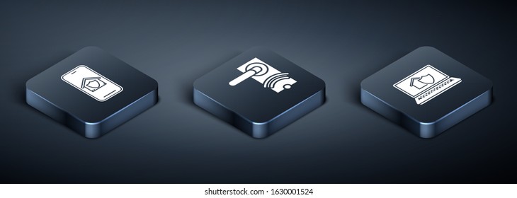 Set Isometric Mobile phone with house under protection, Laptop with house under protection and Digital door lock with wireless technology for unlock icon. Vector