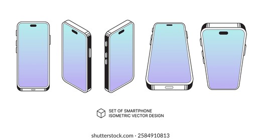 set of isometric mobile phone, illustration and vector design, digital and technology concept, mobile phone mockup and template design