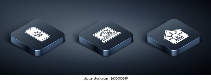 Set Isometric Mobile phone with smart house and alarm, Smart house and alarm and Laptop with smart house and alarm icon. Vector