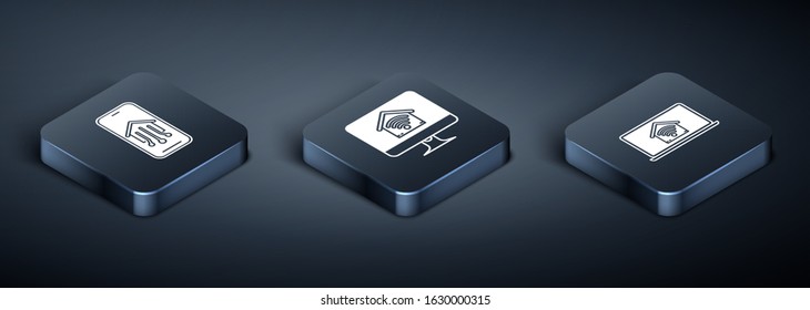 Set Isometric Mobile phone with smart home, Laptop with smart home with wi-fi and Computer monitor with smart home with wi-fi icon. Vector