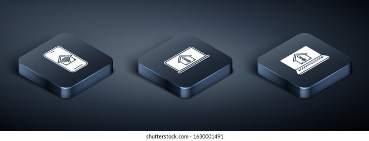 Set Isometric Mobile phone with smart home with wi-fi, Laptop with house temperature and Laptop with house temperature icon. Vector