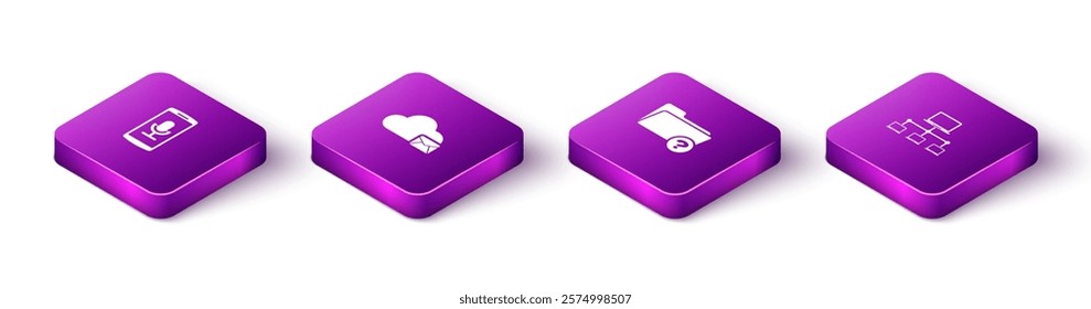 Set Isometric Mobile recording, Cloud mail server, Unknown directory and Computer network icon. Vector