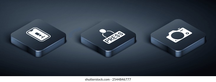Set Isometric Mobile recording, Photo camera and Journalist news icon. Vector