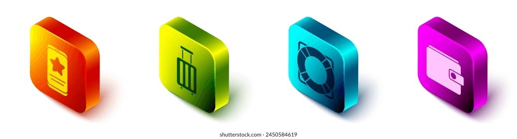 Set Isometric Mobile with review rating, Suitcase, Lifebuoy and Wallet icon. Vector