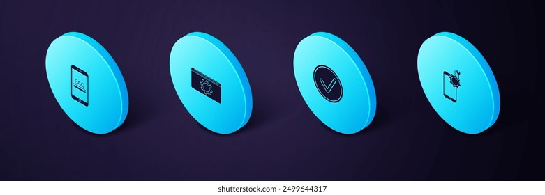 Set Isometric Mobile service, Check mark in circle, Setting and with FAQ information icon. Vector
