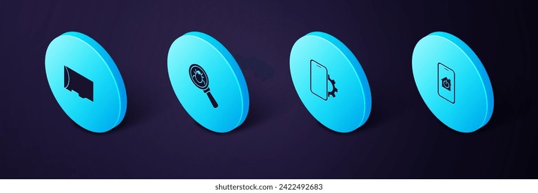 Set Isometric Mobile with smart home, Phone repair service, System bug and Micro SD memory card icon. Vector