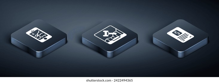 Set Isometric Mobile stock trading, Business finance report and Online internet auction icon. Vector