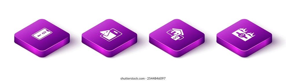 Set Isometric Mobile stock trading, Global economic crisis, Hanging sign with Sale and Burning dollar bill icon. Vector