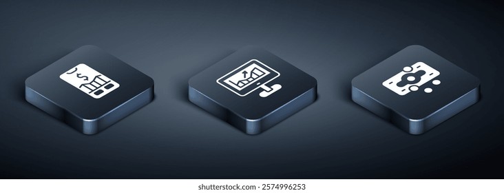 Set Isometric Mobile stock trading, Stacks paper money cash and Computer with growth graph icon. Vector