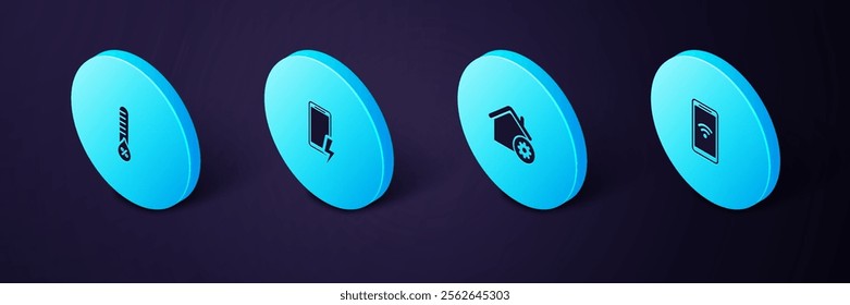 Set Isometric Mobile with wi-fi wireless, Smart home settings, charging battery and Humidity icon. Vector