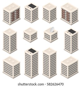 Set of isometric modern beige buildings with gray windows and solar battery. Isolated skyscrapers on white background