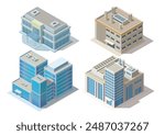 Set of isometric modern building. Isolated on white. for map or game asset