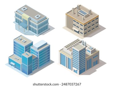 Set of isometric modern building. Isolated on white. for map or game asset