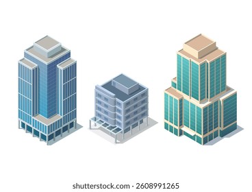 Set of isometric modern building. Isolated on white. for map or game asset
