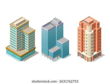Conjunto de edifícios modernos isométricos. Isolado no branco. para mapa ou recurso de jogo