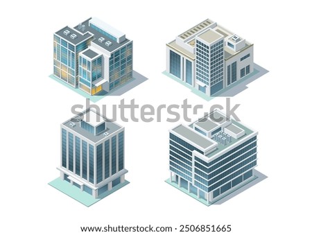 Set of isometric modern building. Isolated on white. for map or game asset