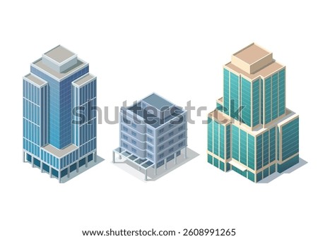 Set of isometric modern building. Isolated on white. for map or game asset