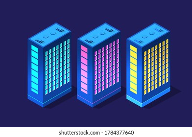 Conjunto de edificios modernos isométricos Ciudad de negocios nocturnos 3D futuro neón ultravioleta de la infraestructura urbana.
