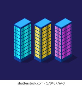 Conjunto de edificios modernos isométricos Ciudad de negocios nocturnos 3D futuro neón ultravioleta de la infraestructura urbana.
