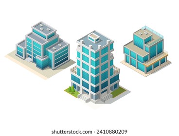 Set of isometric modern office building. isolated on white 