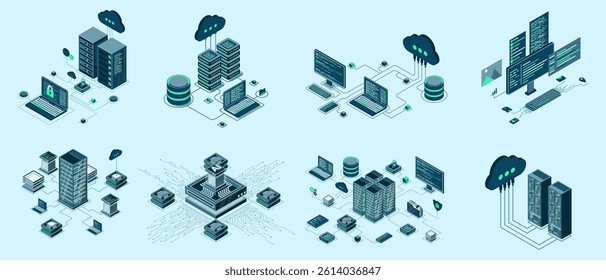 Set of isometric modern technology concept for cloud computing, Datacenter, Database, artificial intelligence, and blockchain technology. Isometric technology
