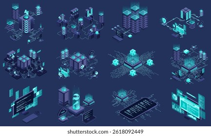 Set of isometric modern technology concept for cloud computing, datacenter, database, artificial intelligence, and blockchain technology. Isometric technology