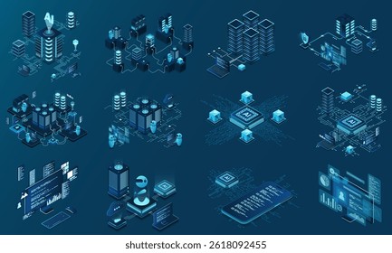 Set of isometric modern technology concept for cloud computing, datacenter, database, artificial intelligence, and blockchain technology. Isometric technology