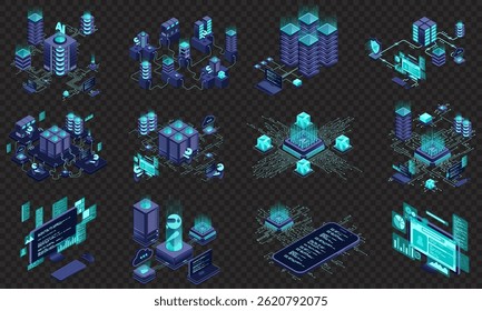 Conjunto de concepto de tecnología moderna isométrica para computación en la nube, centro de datos, base de datos, inteligencia artificial y tecnología blockchain. Tecnología isométrica