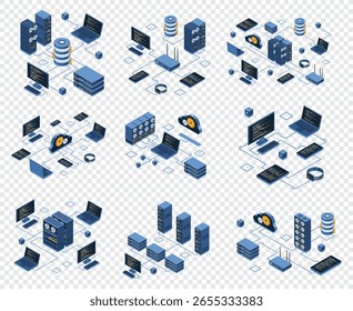 Conjunto de concepto de tecnología moderna isométrica para computación en la nube, centro de datos, base de datos, inteligencia artificial y tecnología blockchain. Tecnología isométrica