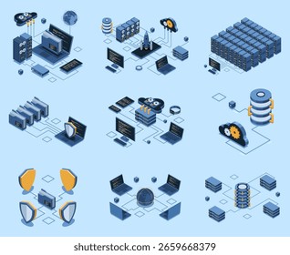 Conjunto de concepto de tecnología moderna isométrica para computación en la nube, centro de datos, base de datos, inteligencia artificial y tecnología blockchain. Tecnología isométrica