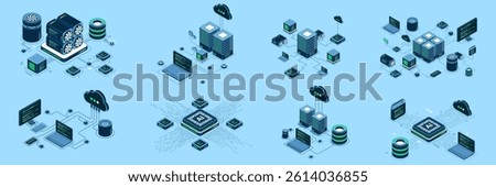 Set of isometric modern technology concept for cloud computing, Datacenter, Database, artificial intelligence, and blockchain technology. Isometric technology