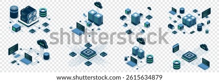 Set of isometric modern technology concept for cloud computing, Datacenter, Database, artificial intelligence, and blockchain technology. Isometric technology