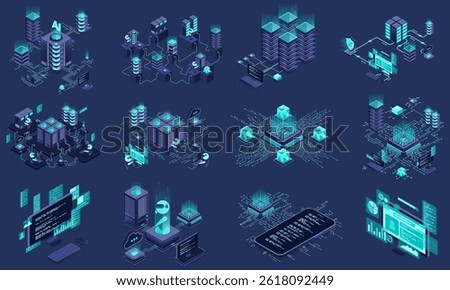Set of isometric modern technology concept for cloud computing, datacenter, database, artificial intelligence, and blockchain technology. Isometric technology
