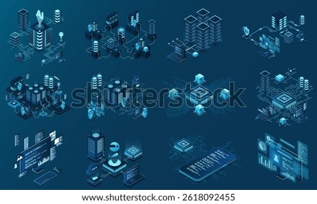 Set of isometric modern technology concept for cloud computing, datacenter, database, artificial intelligence, and blockchain technology. Isometric technology
