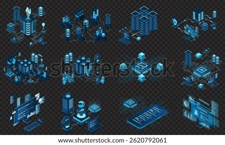 Set of isometric modern technology concept for cloud computing, datacenter, database, artificial intelligence, and blockchain technology. Isometric technology