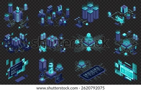 Set of isometric modern technology concept for cloud computing, datacenter, database, artificial intelligence, and blockchain technology. Isometric technology