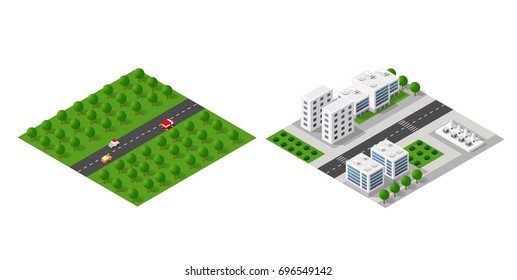 Set of isometric modules for construction and constructing the urban area of the city infrastructure with transport, streets, houses and trees