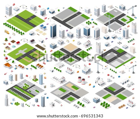 Set of isometric modules for construction and constructing the urban area of the city infrastructure with transport, streets, houses and trees