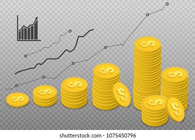 A set of isometric money, business prosperity. Gold coins and graphical calculation. A lot of cash.